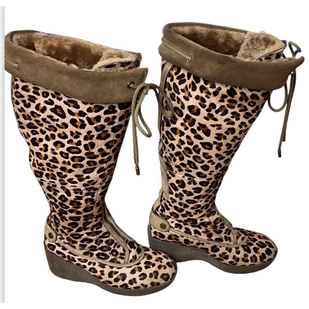 Cole Haan Cheetah Hair Fur Lined Knee High Wedge Boots Suede Size 6